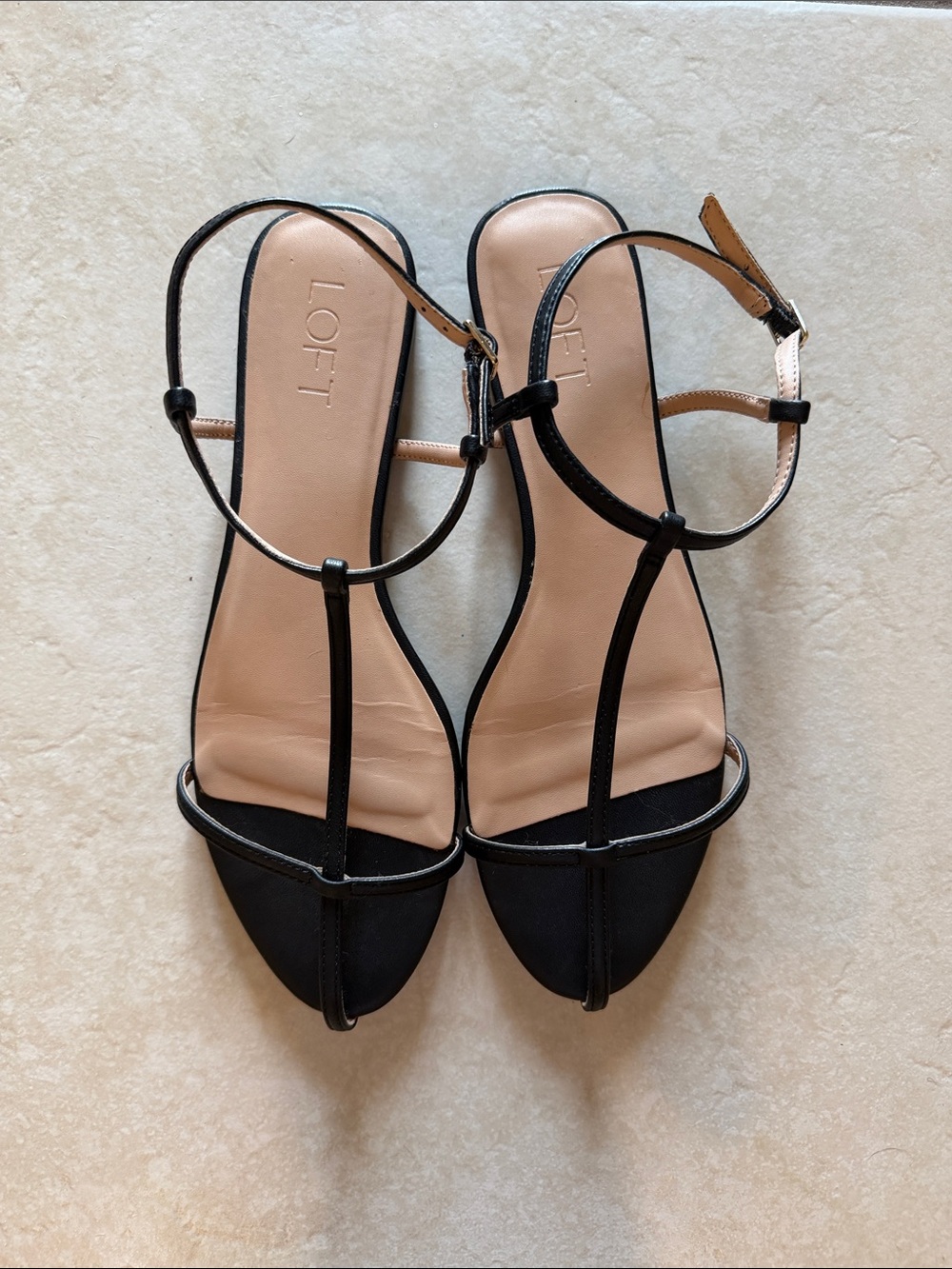 LOFT Black T-Strap Sandals with Ankle Buckle